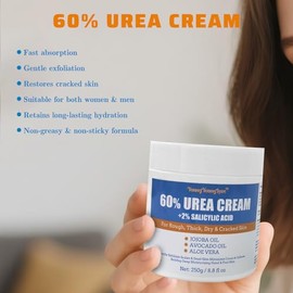 Crema de urea 60 por ciento para pies, máxima fuerza con 2% de ácido salicílico para agrietarse en seco, calma y suaviza las manos de los pies, codos,