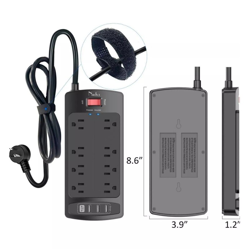 Nuetsa Surge Protector, Power Strip, USB Charging, 8 Outlet, 6