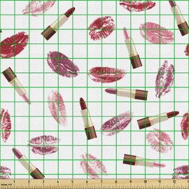 Ambesonne Cosmetics Fabric by The Yard, Beauty Theme Pink and Burgundy Lipstick and Kiss Pattern Makeup Concept, Decorative Fabric for Upholstery and Home Accents, 5 Yards, Burgundy