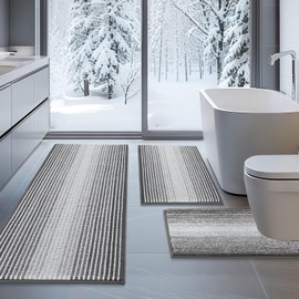 BSICPRO Bathroom Rugs Sets 3 Piece, Toilet Rugs U-Shaped Contour Bath Mat Set, Striped Absorbent Non Slip Chenille Shower Rug for Bathroom, Gray