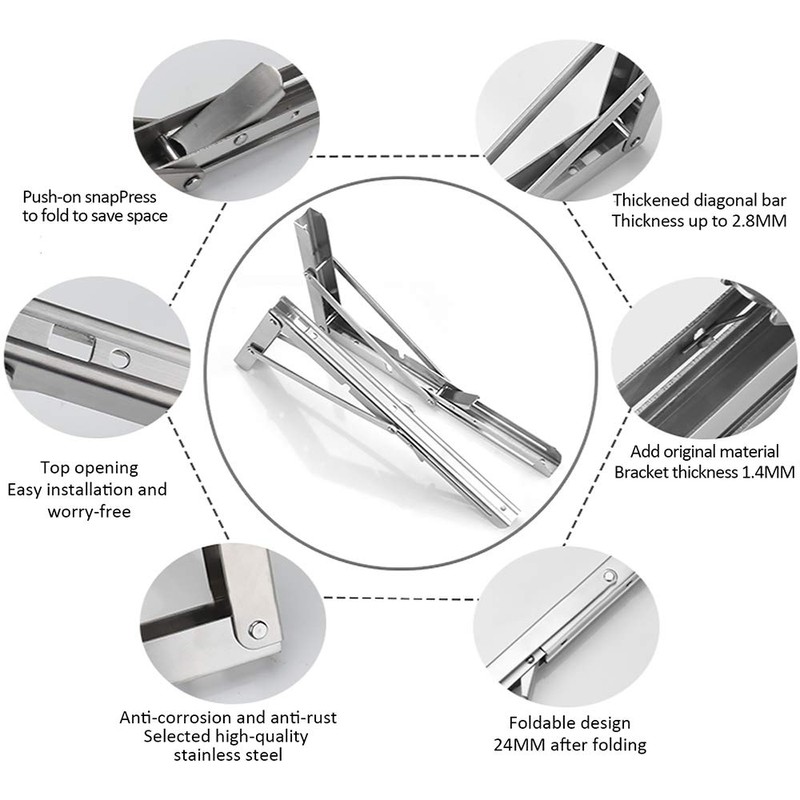 Folding Shelf Brackets - Heavy Duty Stainless Steel Collapsible Shelf