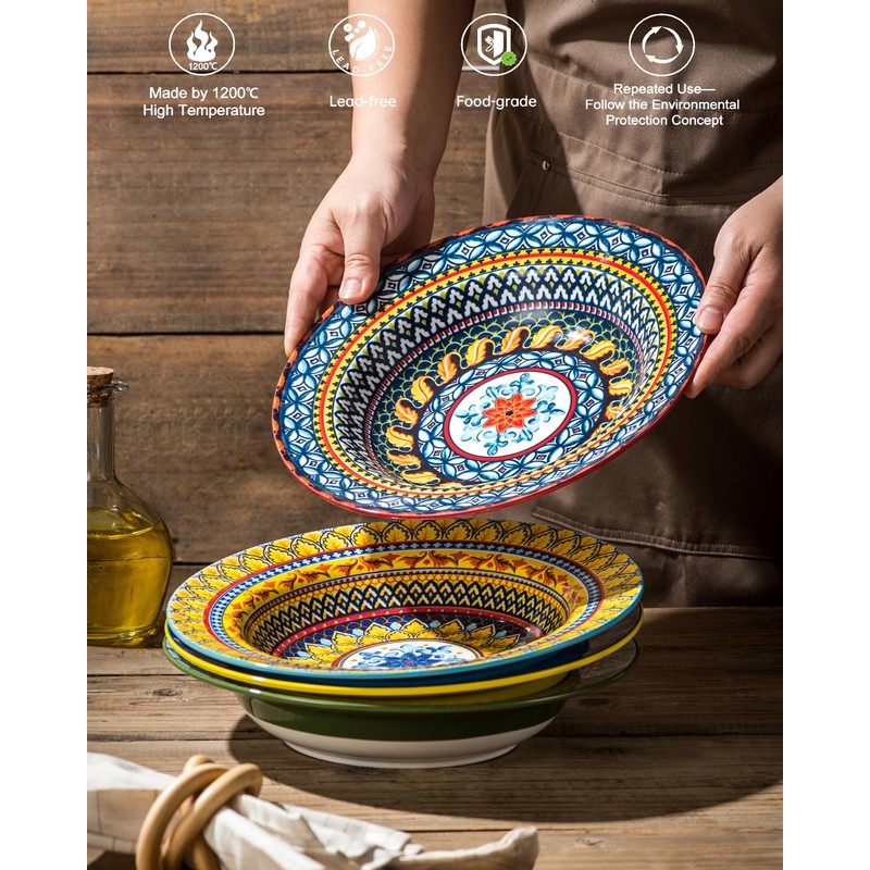 Soup and Pasta Bowls/Plates Set of 4-18 Oz Wide Rim,