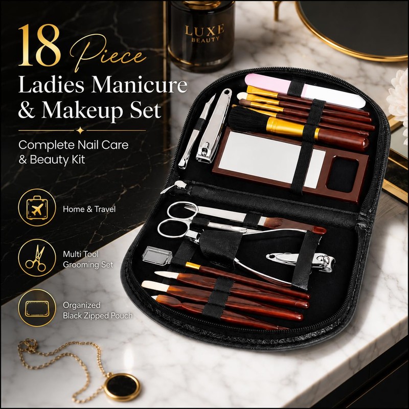 18 Piece Ladies Manicure & Makeup Set in Black Zipped