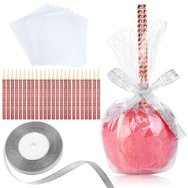 24 Pack Candy Apple Bamboo Sticks, Caramel Apple Wooden Bling Pointed Skewers, Food Sticks for Rice Krispy Treats Cookie Pops Brownies Homemade Corn Dogs with Glass Bag Glitter Ribbons Tie (Red)