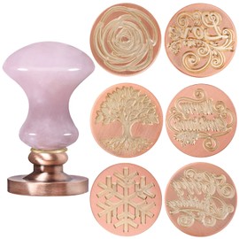 TUMBEELLUWA Crystal Wax Seal Stamp Set, 1 Rose Quzrtz Stone Hilt+6pcs Vintage Copper Seals for Invitation Cards, Letters Envelopes, Wine Package(Tree of Life+Love+Birthday+Rose+Christmas+Snow)
