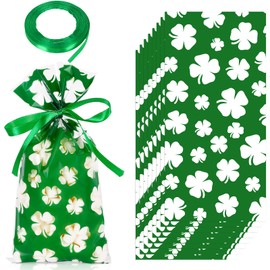 Whaline 160Pcs St. Patrick's Day Cellophane Treat Bags Shamrock Candy Cellophane Bag Plastic Goody Bags with Green Ribbon for Irish Holiday Party Favor Supplies Gift Packing Decoration, 5.1x10.6inch