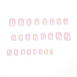 24PCS Short False Nails with Glue Stickers, Full Cover Acrylic Nails Press on Nails no Glue, Purple Small Daisy Fake Nails Stick on Nails for Women and Girls Nail Art