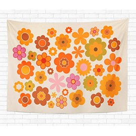 Topyee Home Decorative Tapestry Wall Hanging Orange 70S Vintage Flowers Green Power 1970 Retro Seventies 50x60 Inch Tapestries Wall Blanket for Dorm Living Room Bedroom