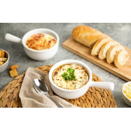 Kook French Onion Soup Crocks, Ceramic Bowls, Microwave, Dishwasher Safe & Oven safe, with Easy to Grip Handle, Stoneware, For Chili & Stew 15 oz, Set of 4, (White)