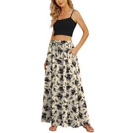 Yincro Women's Flowy Maxi Skirt Summer Pleated High Waisted Casual Long Skirts with Pockets (Black Flower Light Beige, S)