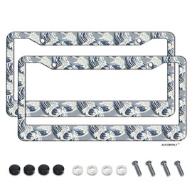 AUCCMORLY Ocean Waves Traditional Pattern License Plate Frame Stainless Steel Frame Holder Car Accessories Decorative Frames 2 Pcs Set for Women Men Vehicles