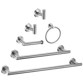 6 Pieces Brushed Nickel Bathroom Hardware Accessories Set Hand Towel Ring 18&23.6 inch Round Towel Bar Silver Toilet Paper Holder Towel Hooks 2 Pieces SUS 304 Stainless Steel,Heavy Duty,Wall Mounted