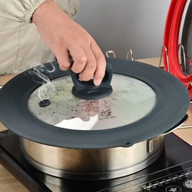Vented Tempered Glass Universal Lid for Pot Pan Skillet with Heat Resistant Silicone Rim Microwave Splatter Lid Cover Microwave Safe Fit 8” 8.5” 9“ Cookware, Dishwasher Safe Grey