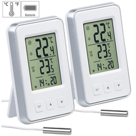 PEARL Weather Station: Set of 2 Digital Indoor and Outdoor Thermometer with Time, LCD Display (Thermometer with Outdoor Sensor, Thermometer with Outdoor Sensor, Fridge Thermometer)
