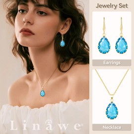 Linawe Aquamarine Blue Jewellery Sets for Women, Gold Plated Necklace and Earring Set, Birthstone Imitation Diamond Crystal Pendant Necklace Set, Tear Drop Earrings Jewellery Set