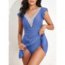 Aleumdr Swim Dress Tankini Swimsuits for Women One Piece Swimsuits Tummy Control Skirted Bathing Suits Modest Swimwear Rompers Swim Suit for Women 2025 Blue X-Large