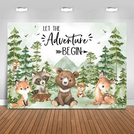 Fitumiw Let The Adventure Begin Baby Shower Backdrop 7x5ft Woodland Animals Baby Shower Background Party Decorations for Boy Mountain Forest Banner Photo Booth Props