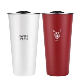 Swiss+Tech 16oz Stainless Steel Cups, 2 Pack Double Wall Pint Cup Glasses, Insulated Tumbler with Lid, Durable Cups(Red&White)