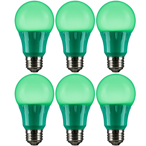 Sunlite 40469 LED A19 Colored Light Bulb, 3 Watts (25w Equivalent), E26 Medium Base, Non-Dimmable, UL Listed, Party Decoration, Holiday Lighting, 6 Count, Green