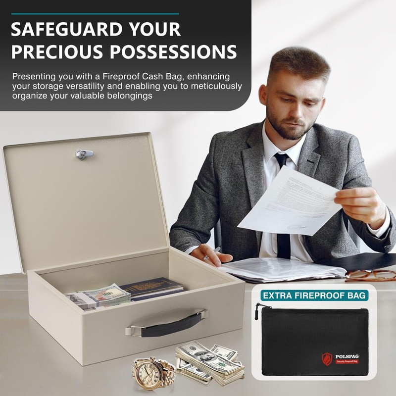 Polspag Fireproof Document Box with Key Lock & Fireproof Money