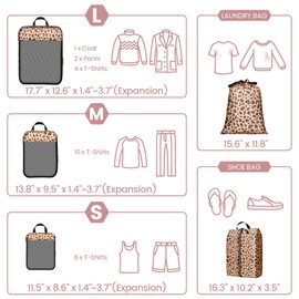 Cambond Compression Packing Cubes for Travel, 6 Set See Through Mesh Packing Cubes for Suitcases Expandable Luggage Organizers with Shoe Bag and Laundry Bag (Leopard Print Gold)