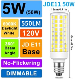 Megereet JDE11 120V 50W Halogen Candelabra Bulb Equivalent,E11 Led Bulbs Dimmable 5W 550lm No-Flicker T3 T4 Mini Base 6000K Daylight White E11 Bulb for Ceiling Fan, Cabinet Lighting,4Pcs