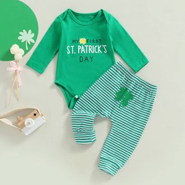 Newborn Baby Boy St. Patricks Day Outfits My First St. Patricks Day Romper Bodysuit+Striped Long Pants 2Pcs Set (Green, 3-6 Months)