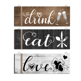 3 Pieces Wooden Wall Decor Hanging Wooden Wall Art Wall Sign Hanging Wooden Sign with "Drink, eat, Love" Letters Restaurant Wall Decor for Home Kitchen Dining Room Restaurant