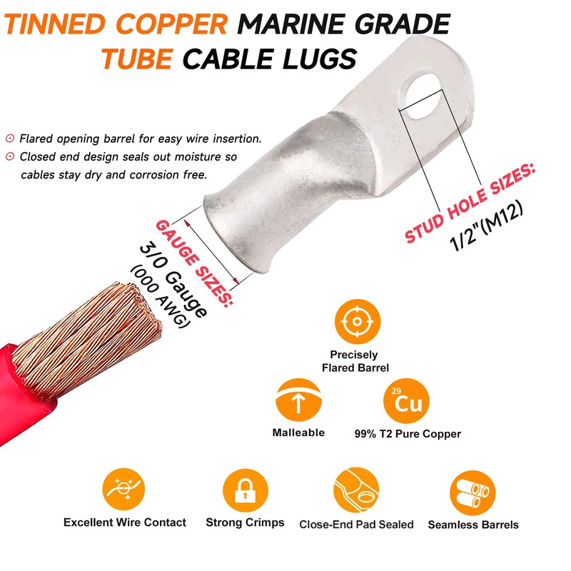 000 Gauge Tinned Copper Cable Lugs 8 PCS 3/0 AWG-1/2(M12)