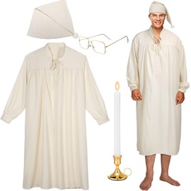 Cuffbow 5 Pcs Funny Pajama Set for Men Includes Men's Nightgown Sleeping Cap Glasses Candle Holder with Candle(Beige,Medium)