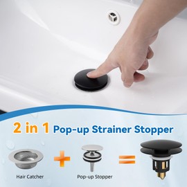 iFealClear 2 Pack Universal Bathroom Sink Stopper, Pop Up Sink Drain Strainer with Hair Catcher Basket, Fit 1.1"-2.36" US Basin, Wash Basin Drain Plug, Big Cover Cap, Brass Bounce Core, Matte Black