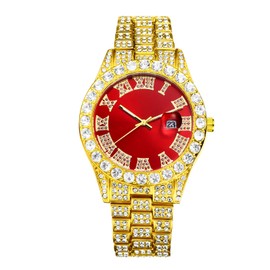 JewelryWe Men's Women's Watch with Rhinestone Roman Numerals Dial Metal Strap Quartz Analogue Watch Mother's Day Gold Silver, Gold/Red, Luxury