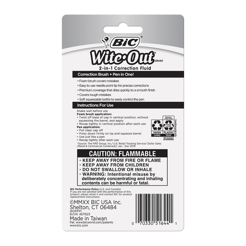 BIC WOPFP11 Wite-Out 2-in-1 Correction Fluid, 15 ml Bottle, White