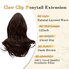 NAYOO Claw Clip Ponytail Extension Dark Brown 11" Short Wavy Ponytail Clip in Hair Extensions for Women Curly Natural Layered Pony Tails for Short Thin Hair Synthetic Hairpiece(Dark Brown)