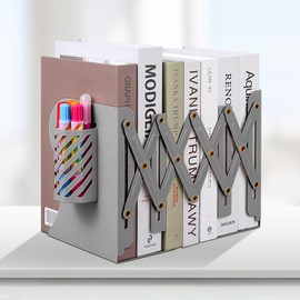 Honagu Adjustable Bookends, Metal Book Ends for Shelves Heavy Book, Desk Magazine File Organizer for Home, Office, Books, Papers, Extends up to 19 inches with Pen Holder (Grey)