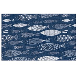 VIIJJUE Navy Blue Fish Nautical Door Mat, Lake Beach House Decor Doormat Non-Slip for Front Door Porch Indoor Outside Entrance Entryway, Blue Fishing Lake Beach Welcome Mat, 17x30 Inch