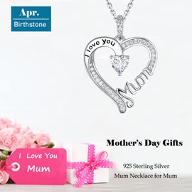 GinoMay GinoMay Jewellery Gifts for Mum April Birthstone Necklace for Mother I Love You Mum Necklace Simulated Diamond Jewellery Sterling Silver