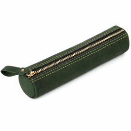 ECHSRT Genuine Leather Pencil Pouch, Classic Cylinder Pen Bag - Green