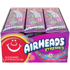 Airheads Xtremes Belts Sweetly Sour Candy, Very Berry, Non-Melting, Bulk Party Bag, 2 oz (Pack of 18)
