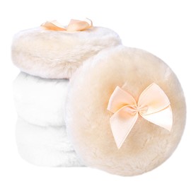 Pack of 4 Large Powder Puff Round Fluffy Bow 8 cm Ultra Soft Washable Reusable Powder Puff for Face Wet and Dry Powder Puff Makeup Tool (2 Pieces Beige and 2 Pieces White)