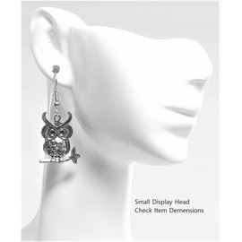 Owl – Eye Divots/Long Eye Brows - 18x23mm - Tibetan Silver charm dangle earrings. Hypoallergenic Stainless-Steel Fishhook or Silver Plated Ball-Post, or Clip-on Earrings Opt.
