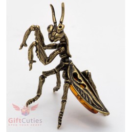 Solid Brass Amber Figurine of Praying Mantis Insect Totem talisman IronWork