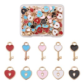 PandaHall 100pcs Enamel Heart Key & Lock Charms Pendants 10 Colors Light Gold Plated Enamel Dangle Charms Beads for DIY Necklace Bracelet Earring Jewelry Making