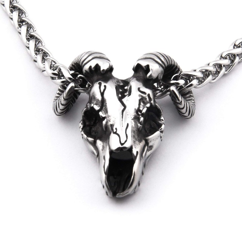 GUNGNEER Stainless Steel Ram Skull Pendant Necklace Cool Satanic Devil