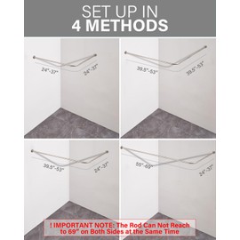 Crkmire Corner Shower Curtain Rod, [24"-53"] x [24"-53"] Adjustable L Shaped No-Sagging 90 Degree Curved Curtain Rod for Bathroom with 12 Ring Hooks & Ceiling Support - Brushed Nickel