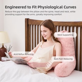 MUFEW Reading Pillow,Rose Velvet Back Pillow with Arms for Bed Sitting Up,Bed Pillow for Adult Children,Backrest Pillows with Washable Cover, Chair Pillow for Watching TV/Gaming/Relaxing (Pink)