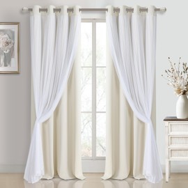 DWCN Blackout and Sheer Curtains with Tiebacks Layered Curtains for Living Room Grommet Top Window Curtain Panels with Sheer Overlay, 52 W by 96 L, Ivory, 2 Pieces