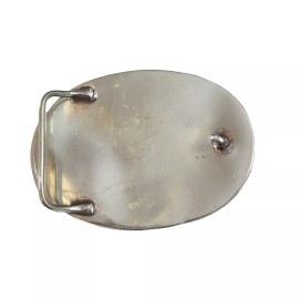 TDbN Belt Buckle Oval Inlaid Stones Turquoise Coral Lapis German Silver 3.75 x 2.75"