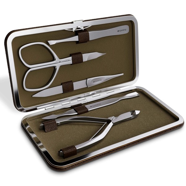 Suvorna Manipro P50 Premium 5 Pcs Manicure Set in Sand by – Stainless Steel, Cuticle Nipper, Nail Scissors, Tweezers, Cuticle Pusher & Nail Filter – Lifetime Guarantee. Perfect Little Gift Set. brown