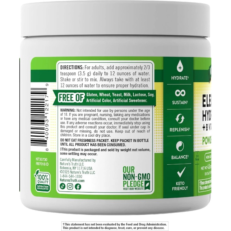 Nature's Truth Electrolyte Hydration + B Vitamin Lemon, 4.3 oz